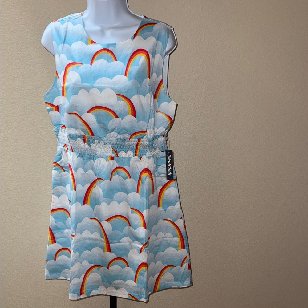NWT Modcloth Dreamscape Park Rainbow Clouds Sleeveless Fit Flare Dress Women’s L